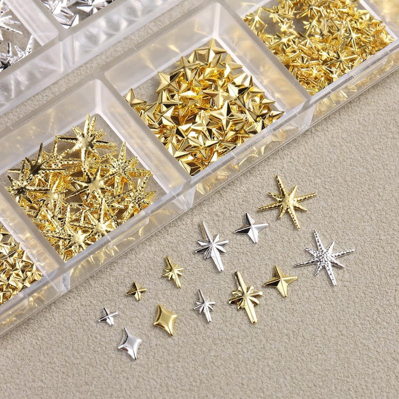 furtherpretty Gold Star Nail Charms, 3D Silver Nail Charms Metal Studs Cross Star Celestial Nail Decorations, Flat-Back Nail Art Accessories with Tweezers for Women, Manicure Salon Supplies - Image 3
